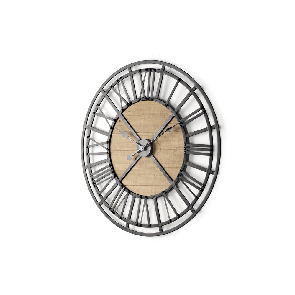 30" Black And Natural Iron And Wood Analog Round Wall Clock