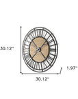 30" Black And Natural Iron And Wood Analog Round Wall Clock