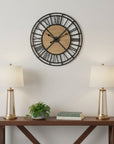 30" Black And Natural Iron And Wood Analog Round Wall Clock