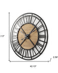 42" Black And Natural Iron And Wood Analog Round Wall Clock