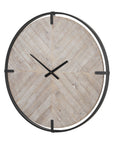 33" Black And Natural Metal And Solid Wood Analog Distressed Round Wall Clock