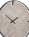33" Black And Natural Metal And Solid Wood Analog Distressed Round Wall Clock