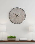 33" Black And Natural Metal And Solid Wood Analog Distressed Round Wall Clock