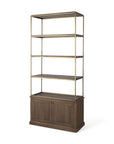 42" Antiqued Brass And Brown Distressed Metal and Solid Wood Four Tier Bookcase with Two Doors