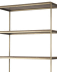 42" Antiqued Brass And Brown Distressed Metal and Solid Wood Four Tier Bookcase with Two Doors