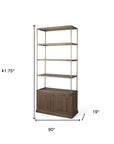42" Antiqued Brass And Brown Distressed Metal and Solid Wood Four Tier Bookcase with Two Doors