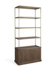 42" Antiqued Brass And Brown Distressed Metal and Solid Wood Four Tier Bookcase with Two Doors
