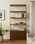 42" Antiqued Brass And Brown Distressed Metal and Solid Wood Four Tier Bookcase with Two Doors