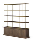 82" Antiqued Brass And Brown Distressed Metal and Solid Wood Four Tier Bookcase with Four Doors