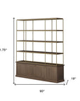 82" Antiqued Brass And Brown Distressed Metal and Solid Wood Four Tier Bookcase with Four Doors