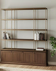 82" Antiqued Brass And Brown Distressed Metal and Solid Wood Four Tier Bookcase with Four Doors