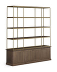 82" Antiqued Brass And Brown Distressed Metal and Solid Wood Four Tier Bookcase with Four Doors