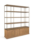 82" Antiqued Brass And Light Brown Distressed Metal and Solid Wood Three Tier Bookcase with Four Doors
