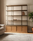82" Antiqued Brass And Light Brown Distressed Metal and Solid Wood Three Tier Bookcase with Four Doors