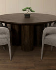 Seven Piece Dark Brown Round Solid Wood Dining Set with Six Chairs