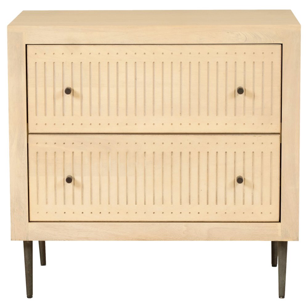 28" Natural Solid Wood Distressed Carved Geometric Two Drawer Nightstand