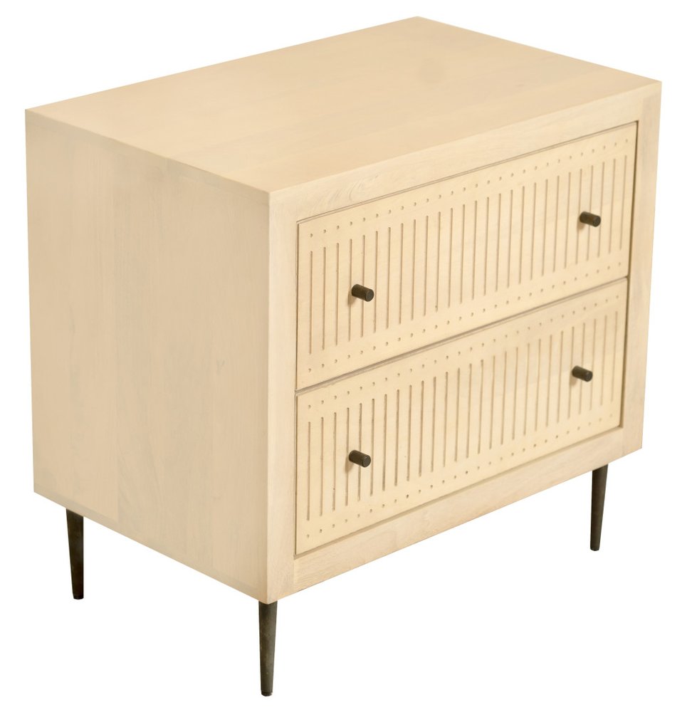 28" Natural Solid Wood Distressed Carved Geometric Two Drawer Nightstand