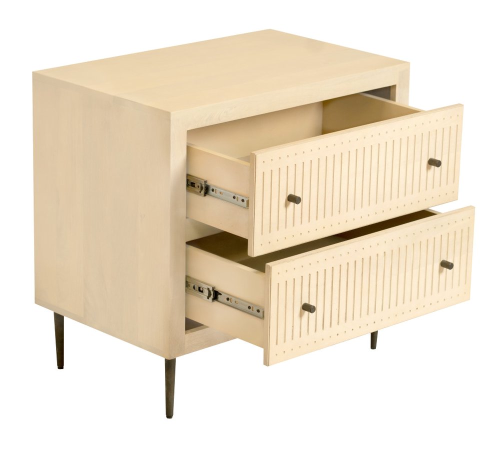 28" Natural Solid Wood Distressed Carved Geometric Two Drawer Nightstand