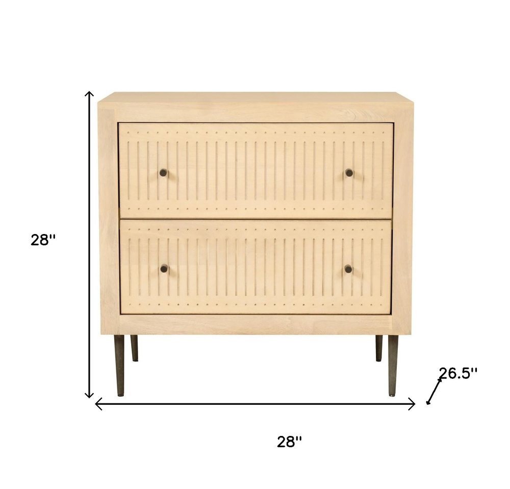 28" Natural Solid Wood Distressed Carved Geometric Two Drawer Nightstand