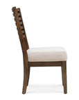 Set of Two Ivory And Dark Brown Linen And Solid Wood Slat Back Dining Side Chairs