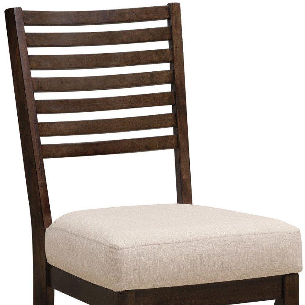 Set of Two Ivory And Dark Brown Linen And Solid Wood Slat Back Dining Side Chairs