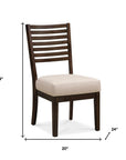 Set of Two Ivory And Dark Brown Linen And Solid Wood Slat Back Dining Side Chairs