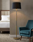 60" Antiqued Brass Metal Floor Lamp With Black Fabric Drum Shade