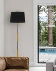 60" Antiqued Brass Metal Floor Lamp With Black Fabric Drum Shade