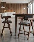 Set of Two 26" Gray And Walnut Fabric And Solid Wood Low Back Counter Height Bar Chairs