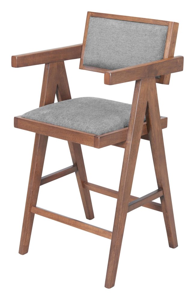 Set of Two 26" Gray And Walnut Fabric And Solid Wood Low Back Counter Height Bar Chairs