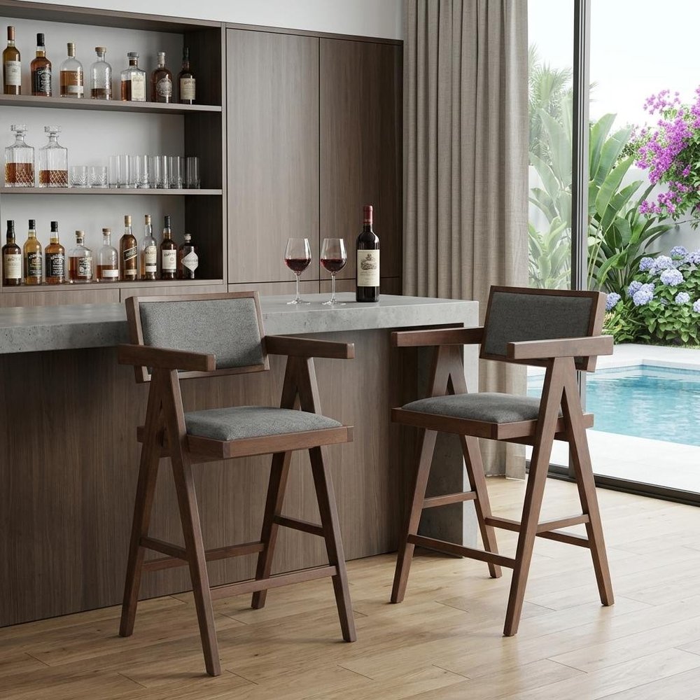 Set of Two 26" Gray And Walnut Fabric And Solid Wood Low Back Counter Height Bar Chairs