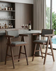 Set of Two 26" Gray And Walnut Fabric And Solid Wood Low Back Counter Height Bar Chairs