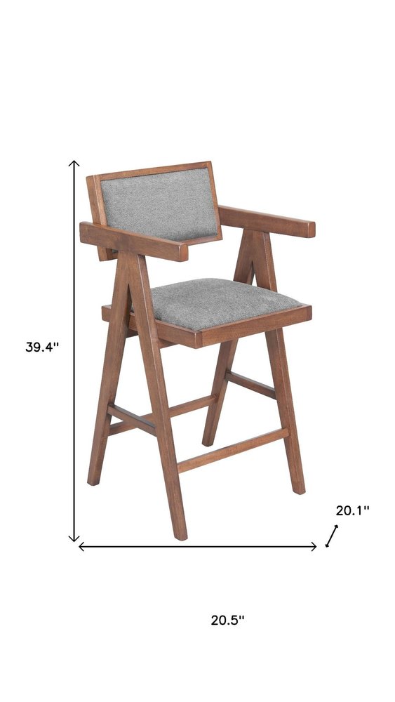 Set of Two 26" Gray And Walnut Fabric And Solid Wood Low Back Counter Height Bar Chairs