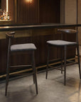 Set of Two 31" Gray And Espresso Fabric And Solid Wood Low Back Bar Height Bar Chairs