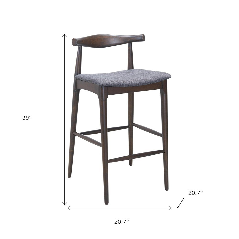Set of Two 31" Gray And Espresso Fabric And Solid Wood Low Back Bar Height Bar Chairs