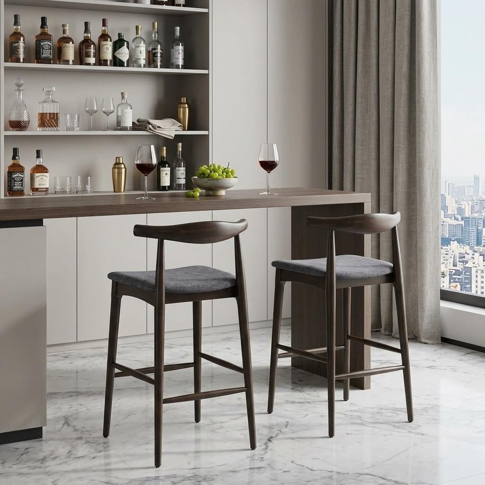 Set of Two 31" Gray And Espresso Fabric And Solid Wood Low Back Bar Height Bar Chairs