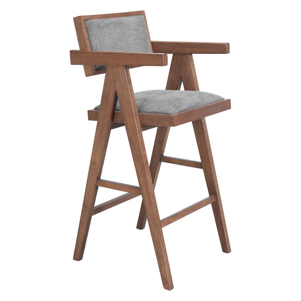 Set of Two 26" Gray And Walnut Fabric And Solid Wood Low Back Counter Height Bar Chairs