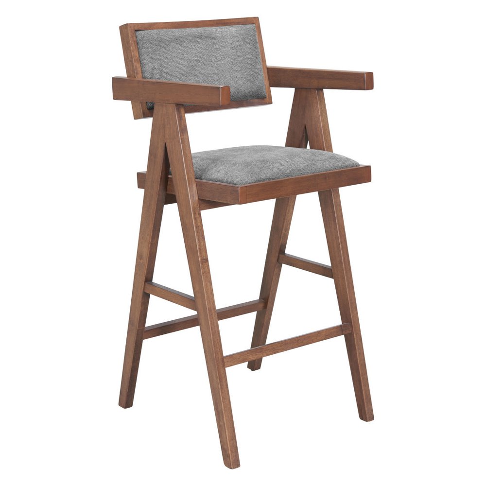 Set of Two 26" Gray And Walnut Fabric And Solid Wood Low Back Counter Height Bar Chairs
