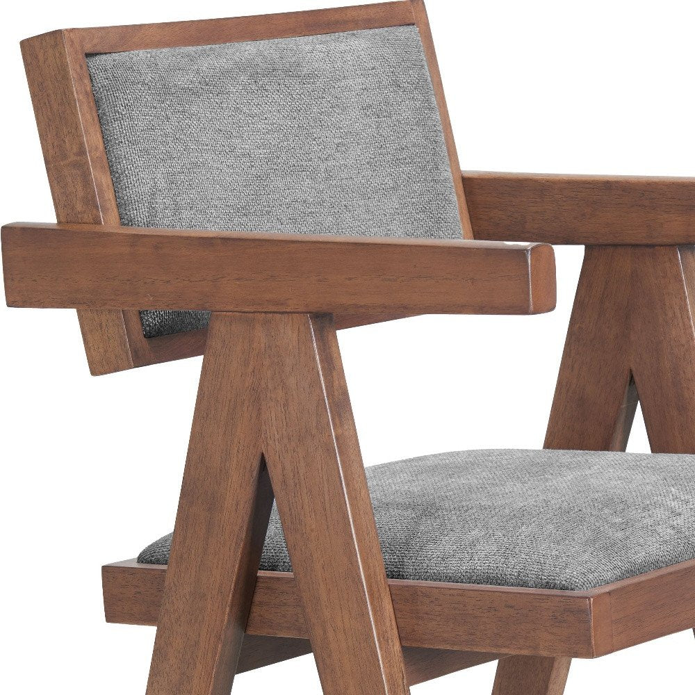 Set of Two 26" Gray And Walnut Fabric And Solid Wood Low Back Counter Height Bar Chairs