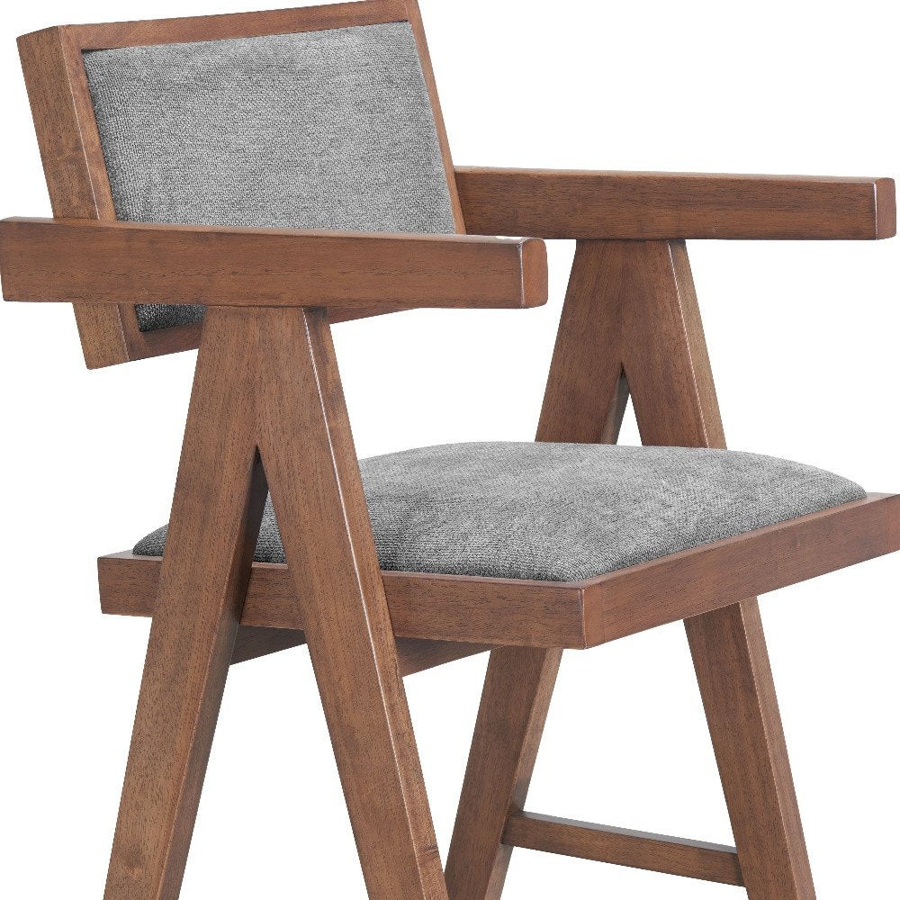 Set of Two 26" Gray And Walnut Fabric And Solid Wood Low Back Counter Height Bar Chairs