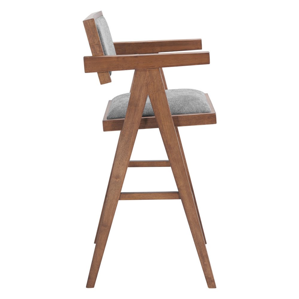 Set of Two 26" Gray And Walnut Fabric And Solid Wood Low Back Counter Height Bar Chairs