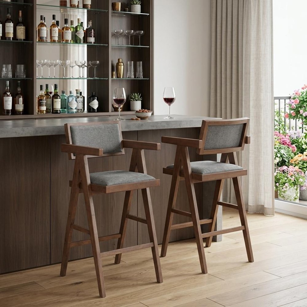 Set of Two 26" Gray And Walnut Fabric And Solid Wood Low Back Counter Height Bar Chairs