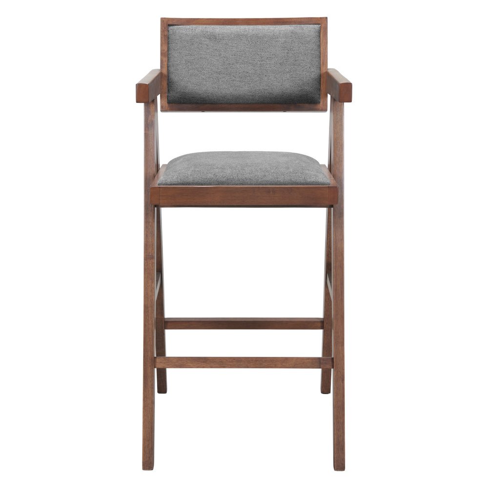Set of Two 26" Gray And Walnut Fabric And Solid Wood Low Back Counter Height Bar Chairs