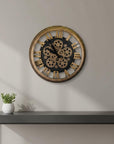 18" Antiqued Gold And Black Iron Silent Skeleton Exposed Gear Round Wall Clock