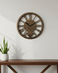 18" Antiqued Gold And Black Iron Silent Skeleton Exposed Gear Round Wall Clock