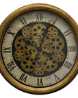 18" Antiqued Gold White And Black Iron Silent Skeleton Distressed Exposed Gear Round Wall Clock