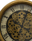18" Antiqued Gold White And Black Iron Silent Skeleton Distressed Exposed Gear Round Wall Clock