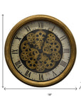 18" Antiqued Gold White And Black Iron Silent Skeleton Distressed Exposed Gear Round Wall Clock