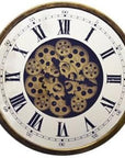 18" Antiqued Gold White And Black Iron Silent Skeleton Exposed Gear Round Wall Clock