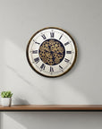 18" Antiqued Gold White And Black Iron Silent Skeleton Exposed Gear Round Wall Clock